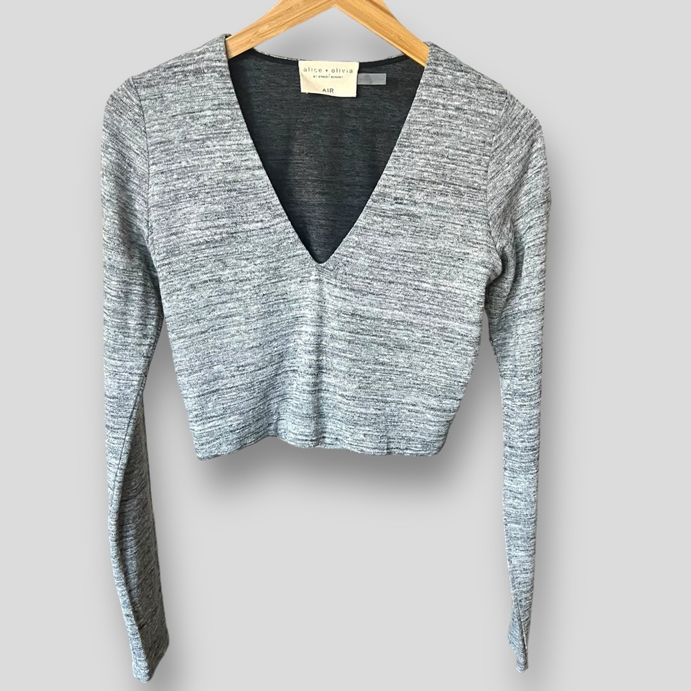 Alice + Olivia Jori Heather Grey Long Sleeve V Neck Crop Top